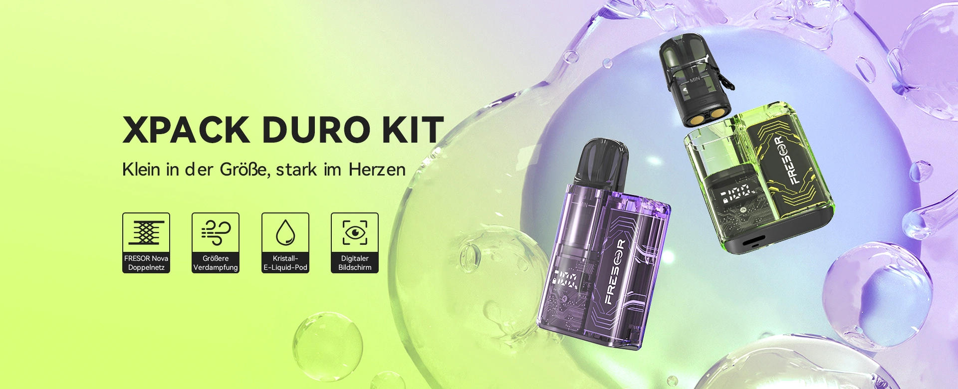 XPACK Duro Kit Klein in der Größe, stark im Herzen 1. FRESOR Nova Doppelnetz 2. Größere Verdampfung 3. Kristall-E-Liquid-Pod 4. Digitaler Bildschirm